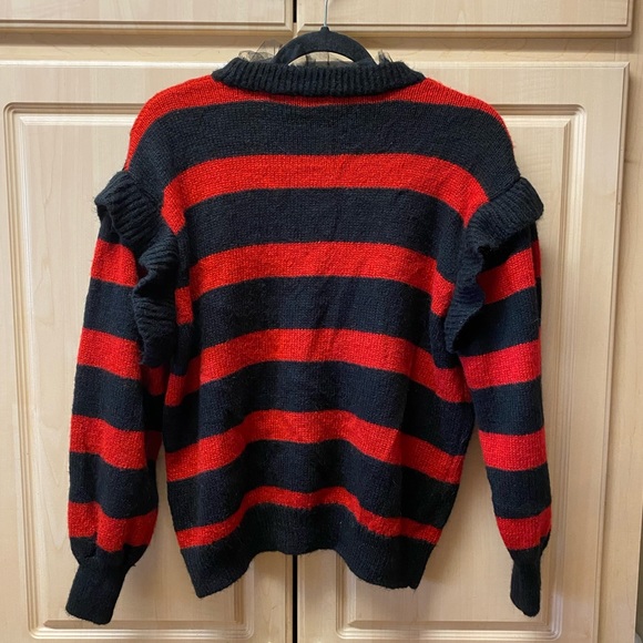 Zara Red Black Striped Tulle Ruffle Neck Mohair Blend Knit Sweater Size S - Picture 3 of 12